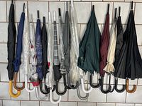 All 17 umbrellas hanging, assorted colors and patterns