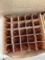 Open carton showing grid of gold-tinted miniature bulbs in cardboard dividers