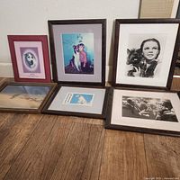 Framed photo of six dog pictures and one signed photo of Jon Provost and Lassie arranged against a wall.