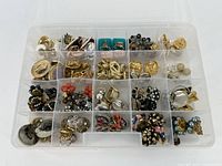 Overhead view of plastic compartment organizer with 24 different pairs of costume earrings, clip-on and pierced styles, in assorted colors and designs.
