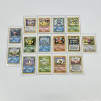 Fifteen Pokémon cards arranged in rows on white background with hard protective sleeves visible.