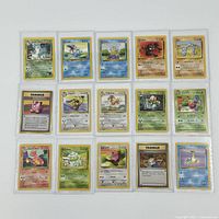 Front view of the 15 Pokémon cards laid out in three rows, showing English and Japanese cards in hard case protectors, including well-known characters and trainer cards.