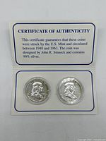 Certificate of authenticity included with the pair of Franklin half-dollar coins showing the obverse side featuring Benjamin Franklin's portrait.