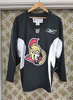Front view of black NHL Ottawa Senators hockey jersey with white side and sleeve accents and large team logo on front.