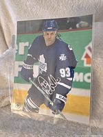 Clear 8x10 photo of Doug Gilmour in Toronto Maple Leafs uniform signed in silver or white ink.