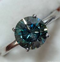 Close-up front view of the ring showing the round faceted moissanite and four-prong setting on a smooth silver band.