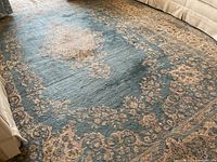Overall view of the full area rug on parquet floor, showing central medallion and overall pattern