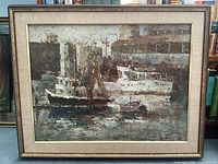 Framed textured oil or acrylic painting depicting several ships in a basin or harbor, with muted rustic colors and visible brush strokes.