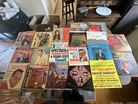 Wide shot of all 20 vinyl records spread on a table showing album covers with various artists, text, and musical instruments