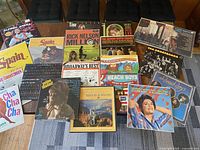 Top down view of 20 vinyl record covers arranged on a carpeted floor showing a variety of artists and titles including Alfred Apaka, Beach Boys, Rick Nelson.
