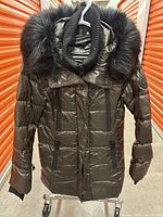Front view of the dark shiny brown Calvin Klein Performance women's jacket with fur-trimmed hood and knitted black collar hanging on a white plastic hanger.