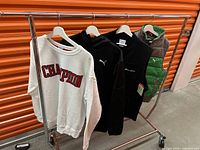 Four men's tops hanging on clothing rack, white Champion sweatshirt, black Puma hoodie, black Champion sleeveless vest with tags, green and gray Puma quilted jacket with hood.