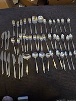 Full laid out view of all flatware items showing various forks, knives, spoons, and serving utensils with mid century modern design and brushed steel finish.