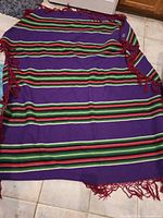 Pendleton blanket laid out showing the full view with fringed edges and striped colors.