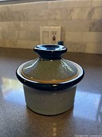 Side view of the small ceramic egg cooker, showing the glazed light gray body with dark blue rim and lid knob.