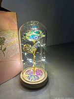 Photo showing the crystal rose lamp illuminated inside a clear glass dome with light reflections on the flower and leaves, placed next to the original packaging box.