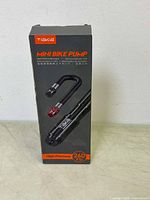 Front of box showing Tiakia Mini Bike Pump illustration with details including max pressure 260 PSI and high pressure design.
