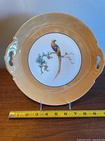 Front view of the antique MZ Altrohlau decorative plate with the Golden Pheasant design, showing the entire plate and its shape with handles and measuring tape showing 10.75 inch diameter.