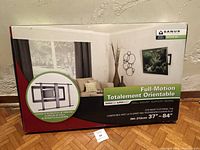 Box for Sanus full-motion wall mount model VLF410-B2 with measurements and compatibility info visible