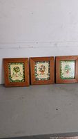 Three wooden framed artworks featuring plants and trees with decorative green and yellow colored borders.