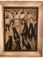 Full view of the framed oil painting showing bulls and figures in impressionist style.