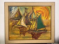 Framed acrylic painting of sailboats on water with sunset colors, signed Gerhard Helmel