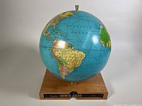 Front view of globe showing South America and Atlantic Ocean, mounted on wooden stand with Rand McNally Readers World Atlas label.