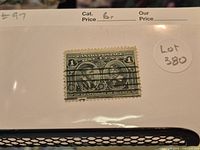 Close-up photo of a single 1908 Canadian 1 cent Quebec Tercentenary postage stamp.