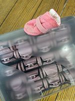 Close-up photo of pink suede small dog boot next to foggy storage case containing purple clip hair rollers.