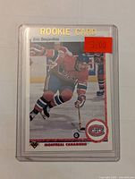 Front photo of Eric Desjardins rookie hockey card from 1990-91 Upper Deck series in protective case with $3 price sticker.