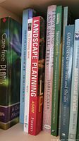 Photo of gardening books showing titles on spines including 'Care-free Plants', 'Landscape Planning', 'Flowering and Small Trees', 'Favourite Plants', and 'Gardening with Trees and Shrubs'.