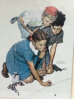Close-up of the colorful Norman Rockwell print titled "Knuckles Down" showing children playing marbles.