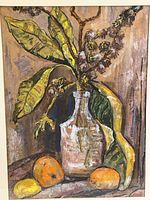 Close-up of the still life painting showing the bottle, leaves, and fruits in detail.