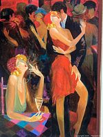 Close-up detail showing the central figures embracing in the impressionist abstract painting with vibrant reds and contrasting dark shadows.