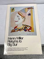 Full view of laminated Henry Miller 'Clown' poster with text 'Henry Miller Returns to Big Sur' and exhibition details.