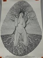 Full view of print showing a naked kneeling figure under a barren tree with roots branching underground, in black and white
