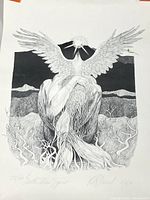 Front view of the detailed monochrome print showing the art piece with a kneeling figure, wings, and roots extending from the body.