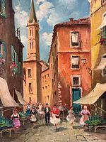 Close-up front view of unframed painting showing detailed street scene with people, buildings, and church tower.