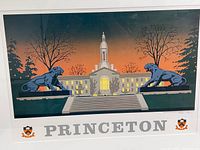 Close-up photo of the serigraph print showing the Princeton University building with two panther statues and the signed artist name, 'Joseph C. Haden, Jr.', along with the text 'PRINCETON' and university crests.