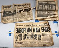 Three WWII newspaper sections from Illinois with bold surrender headlines and notable photos.