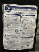 Label with Z-Shade Set Up Guide attached inside the storage bag, showing step-by-step instructions for canopy setup.