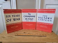 Front covers of the three hardcover books with protective sleeves: Six Years of War, The Canadians in Italy 1943-1945, and The Victory Campaign.