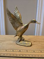 Vintage solid brass duck figurine standing with wings raised on oval base, viewed front