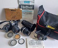 Full overview of camera, lenses, flash, bag, manuals, filters and FilmShield pouch