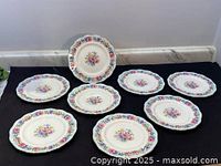 Eight Foley Cornflower salad plates arranged in two rows, showing their size and floral design.