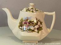 Front angle view of cream-colored Foley teapot featuring painted Ontario rural scene with flowers and gold trim.