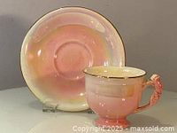 Three images showing Royal Winton Grimwades pink and cream lustre ware tea cups with matching saucers from the 1930s, highlighting the ornate handles, lustrous glaze, and gold rims.