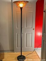 Full view of the vintage floor lamp showing its slim black stand and round base against a door background.