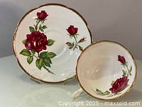 Teacup and saucer side by side showing floral artwork and heavy gold rims.