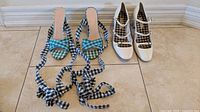 Both pairs of women's heels shown side by side on floor, cream leather L'AUTRE CHOSE heels on right and gingham wrap J. Crew heels on left